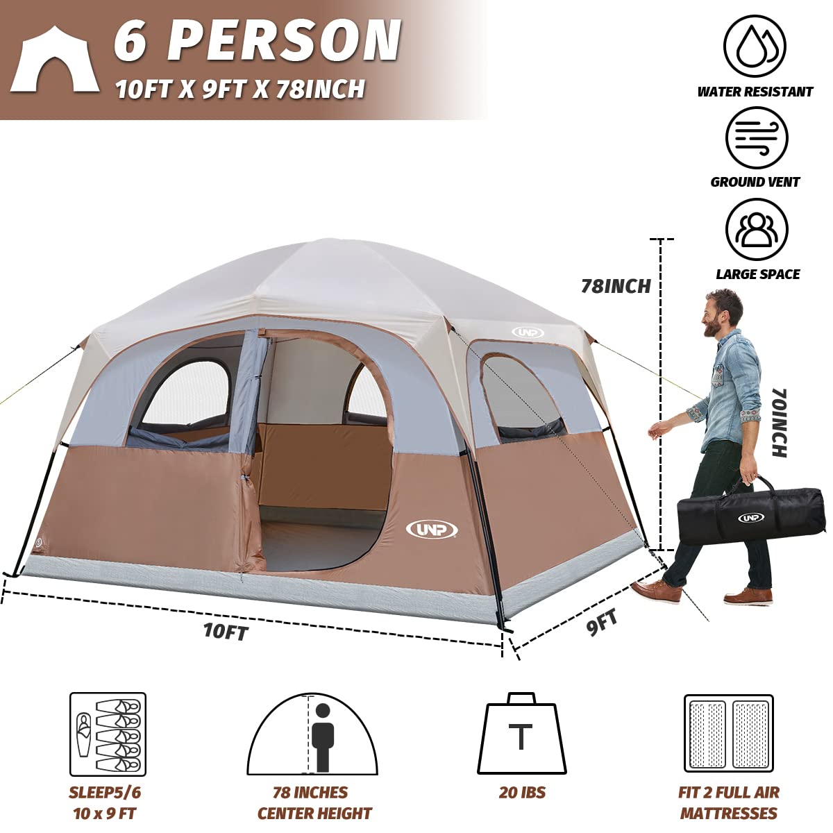 UNP 6 Person Tent for Camping, Easy Setup Cabin Tent Waterproof Windproof Family Camping Tent 1 Mesh Door & 5 Large Mesh Windows 10'X9'X78in(H)