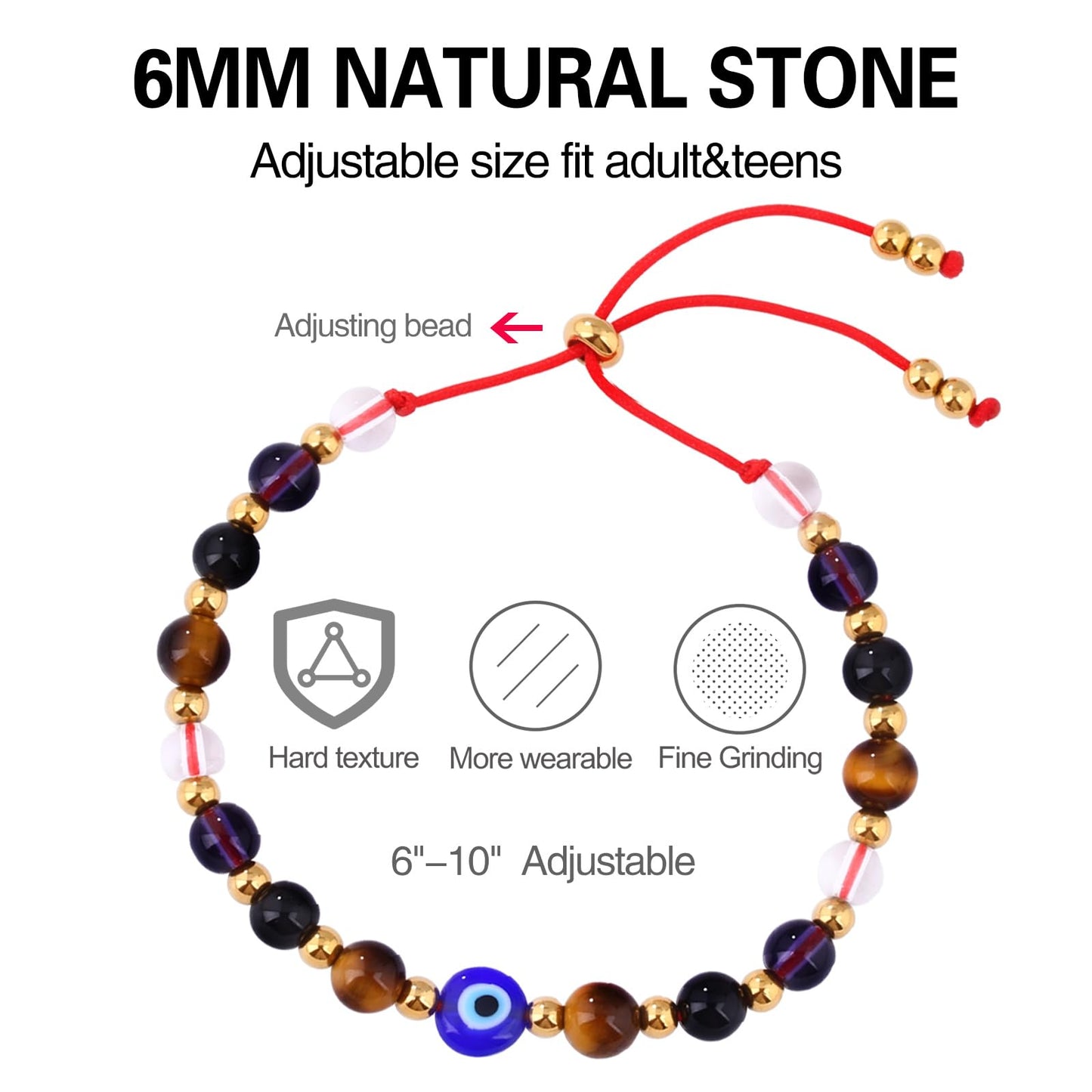 Cute Evil Eye Bracelet Red Black - Natural Crystal Protection Adjustable Spiritual Guardian Jewelry- 5 Healing Stones Clear Quartz Amethyst Black Tourmaline Tiger Eye Bracelet Adjustable (Blue Eye-Red Rope)