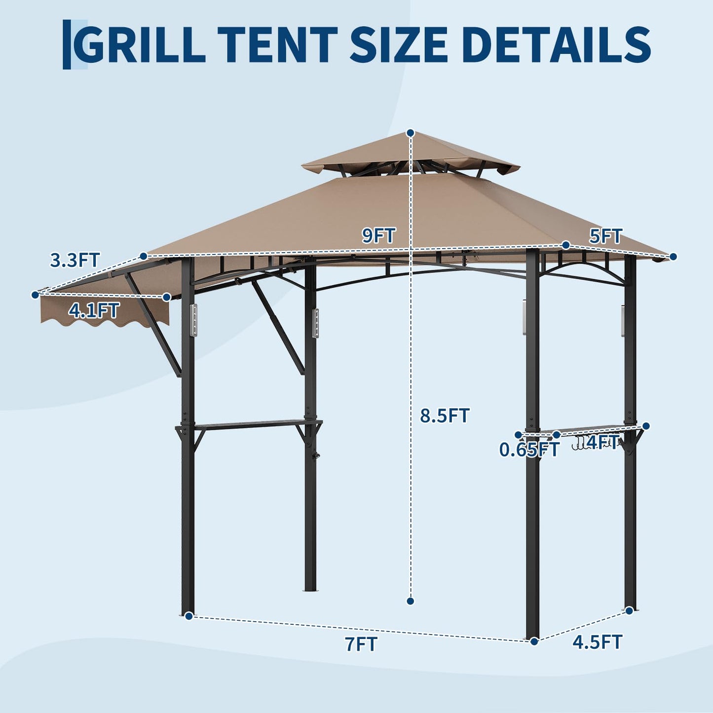Garvee 8x5 ft Grill Gazebo with Side Awning, Double-Tier BBQ Canopy with 2 Side Shelves, 4 LED Lights,10 Hooks & Bottle Opener, Heavy-Duty Outdoor Grill Shelter for Patio, Backyard, Garden, Deck,Khaki