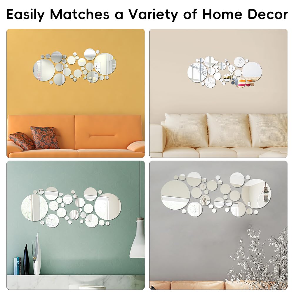 DIBALIYI 32 Pcs Acrylic Mirror Wall Stickers, Removable Wall Decal Mirror Set, Bathroom Wall Sticker Art, Circle Ceiling Mirrors for Bedroom, Home, Living Room, Sofa TV Background Decor (Small)