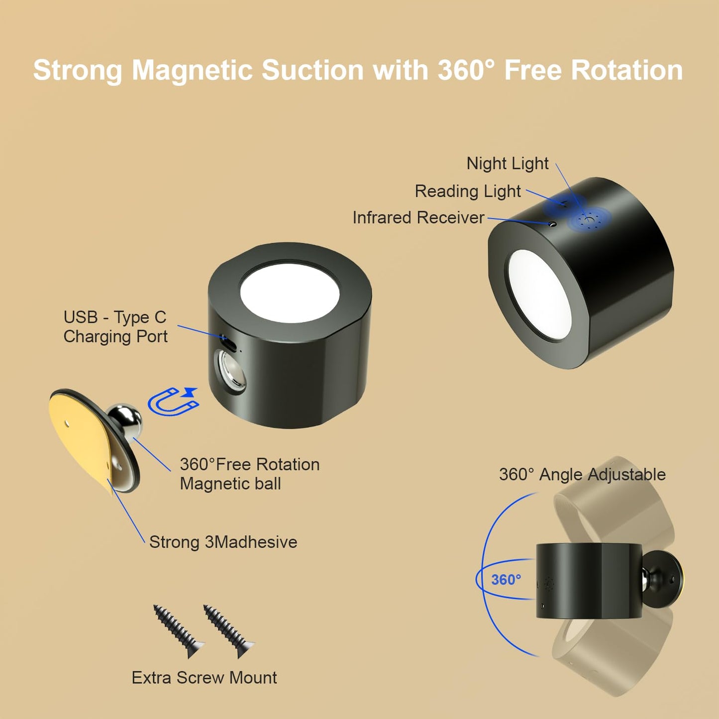 Black Rechargeable wall lamp, Black LED wall lamp, 360° Rotating, dimmable, Wireless wall lamp, Suitable for bedrooms, Studies, Living Rooms, Bedside Tables, etc. (Two-Pack)