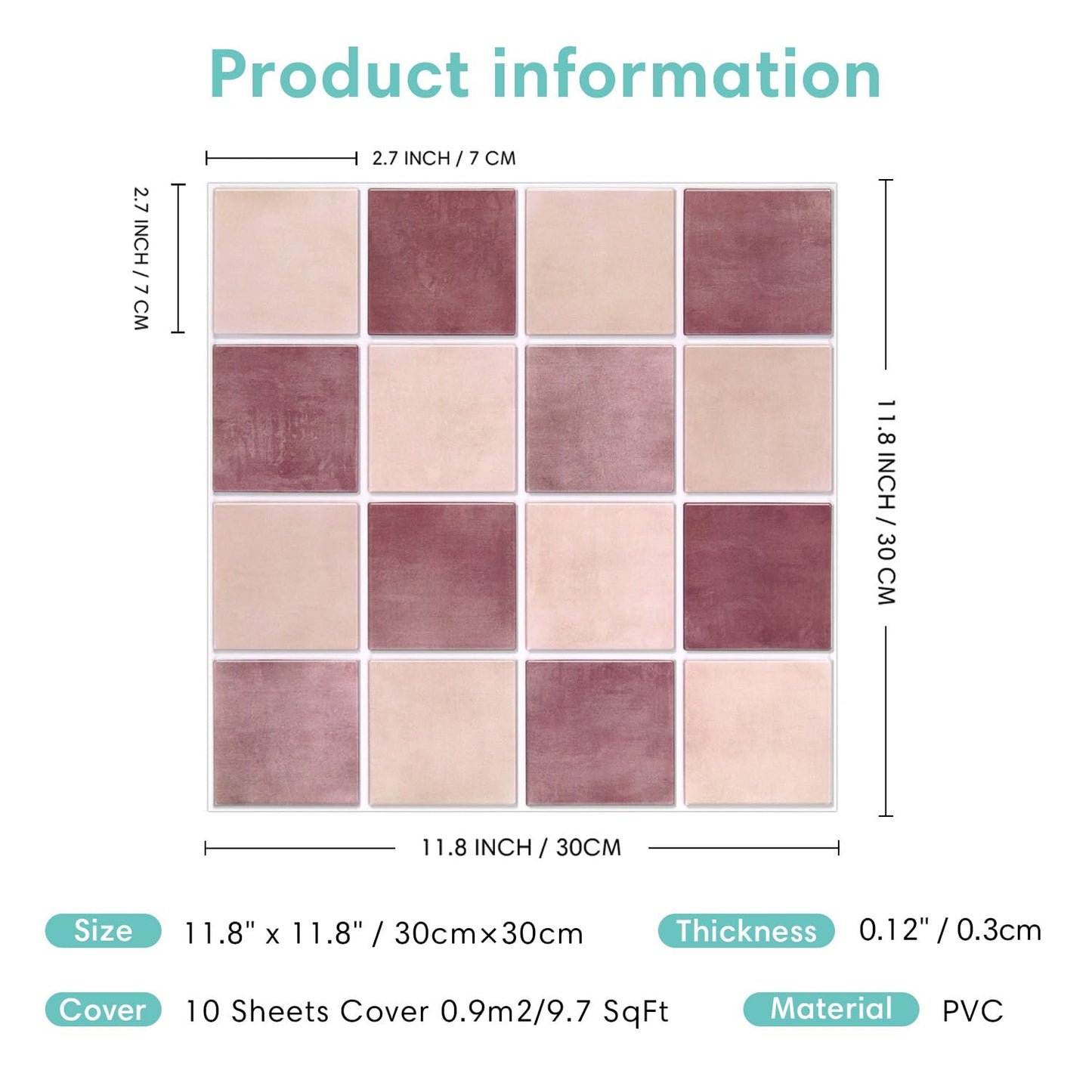 Commomy 10 Pcs Matte 3D Peel and Stick Tile 11.8"x11.8" Ultralight PVC Square Peel and Stick Backsplash for Kitchen Stick on Tiles for Bathroom,Living Room,Fireplace,Interior Wall Decor,Dusty Rose