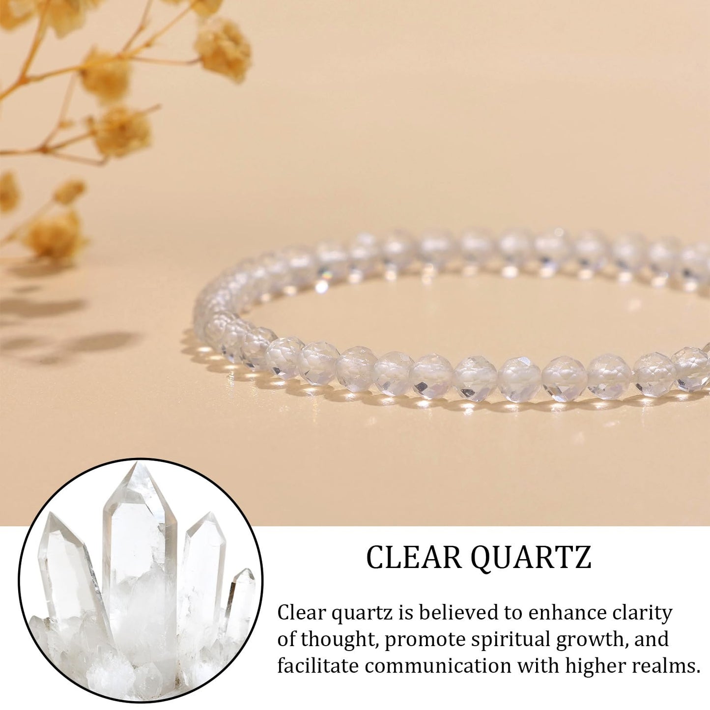 GolbalJew Natural Gemstone Beads Bracelets Healing Crystal Stone Beaded Bracelet for Women Men Handmade Spiritual Jewelry Gifts, 4mm Clear Quartz Faceted Round Beads