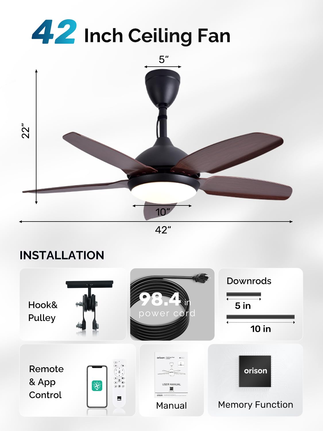 Orison 42" Plug-in Outdoor Ceiling Fan with Light, 5-Blade Hanging Patio Fan for Gazebo Porch, IP44 Waterproof, Quiet DC Motor, 6-Speed, App & Remote Control, Dimmable LED, Reversible, Wood