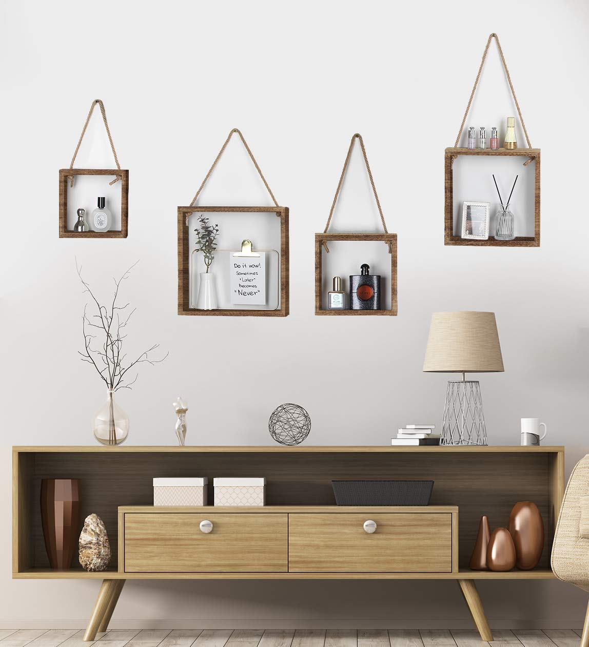 J JACKCUBE DESIGN Floating Hanging Square Shelves Wall Mounted Rustic Wood Cube Display Shelf Shadow Boxes Decorative Boho Home Décor for Living Room, Bedroom, Office, Set of 4 (Brown) - MK571B