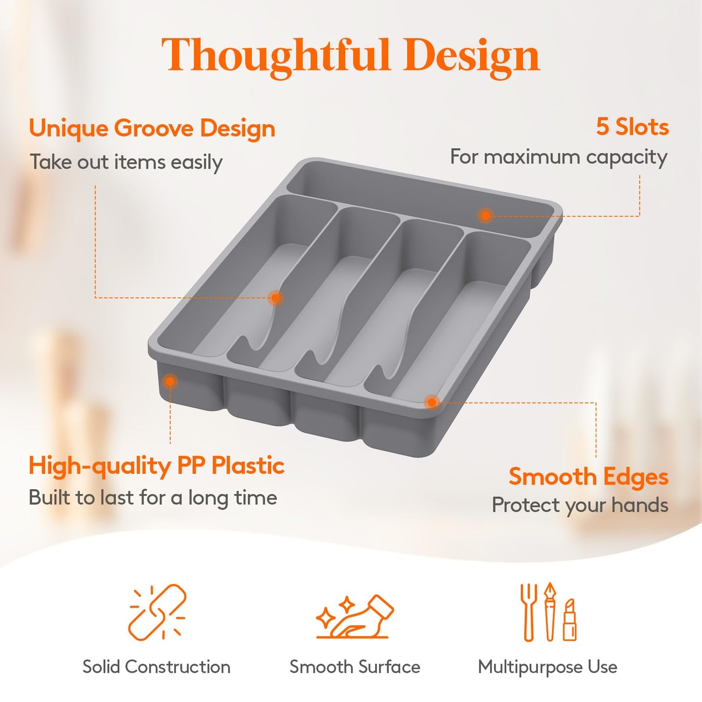 Lifewit Silverware Drawer Organizer Tray, Plastic Cutlery Storage for Kitchen, Flatware and Utensil Holder Divider for Spoons Forks Knives Tableware, 9.1 x 12.6", 5 Slots, Gray