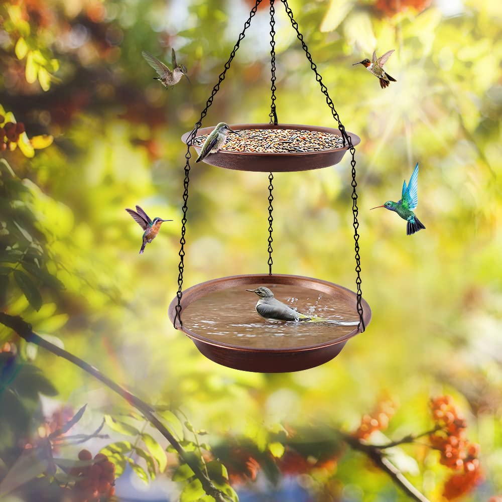 Keygift Hanging Bird Bath for Outdoor, 2-in-1 Antique Copper Metal Bird Feeder&Birdbath Bowls with 23" Rust-Proof Black Chains Backyard Birdbath Garden Decor