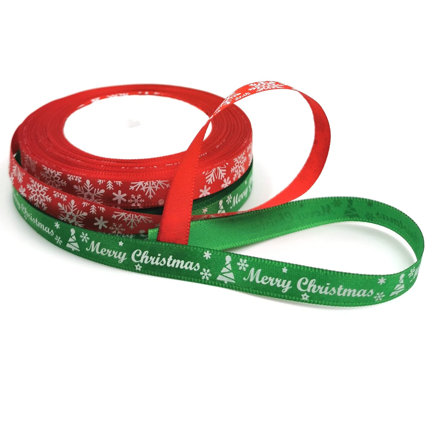 50Yards Christmas Ribbon Red and Green Satin Ribbon 3/8 Inch Holiday Gift Wrapping Ribbon Set with Marry Christmas Snowflake Pattern for Party Decor Christmas Tree Ornaments (25yard/roll,2rolls)