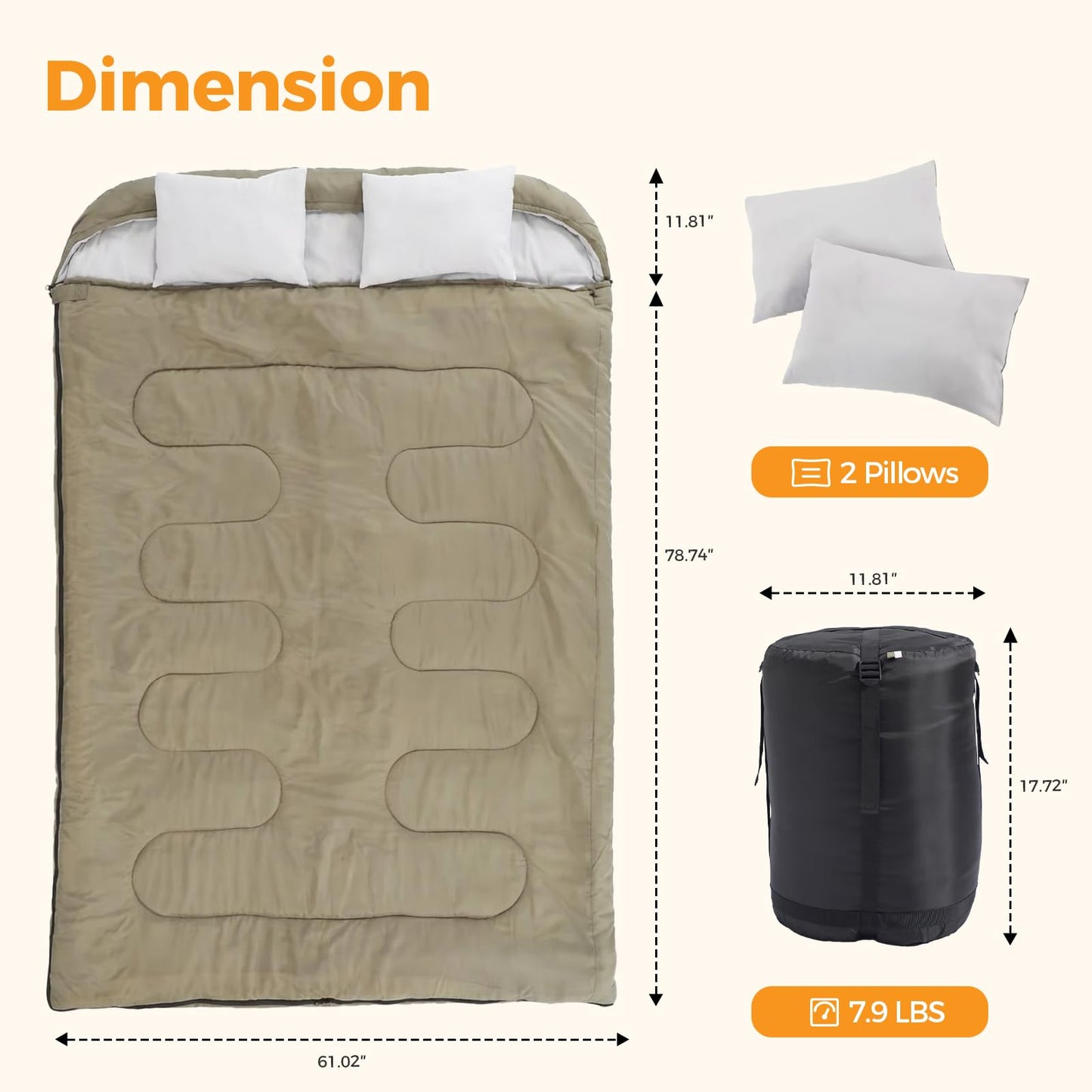 NEWBULIG Double Sleeping Bag for Adults with 2 Pillows, XL Waterproof Lightweight Machine Washable Sleep Bag Cold Weather, 3-Season for Camping/Hiking/Backpacking, 2-in-1 Converts to 2 Singles