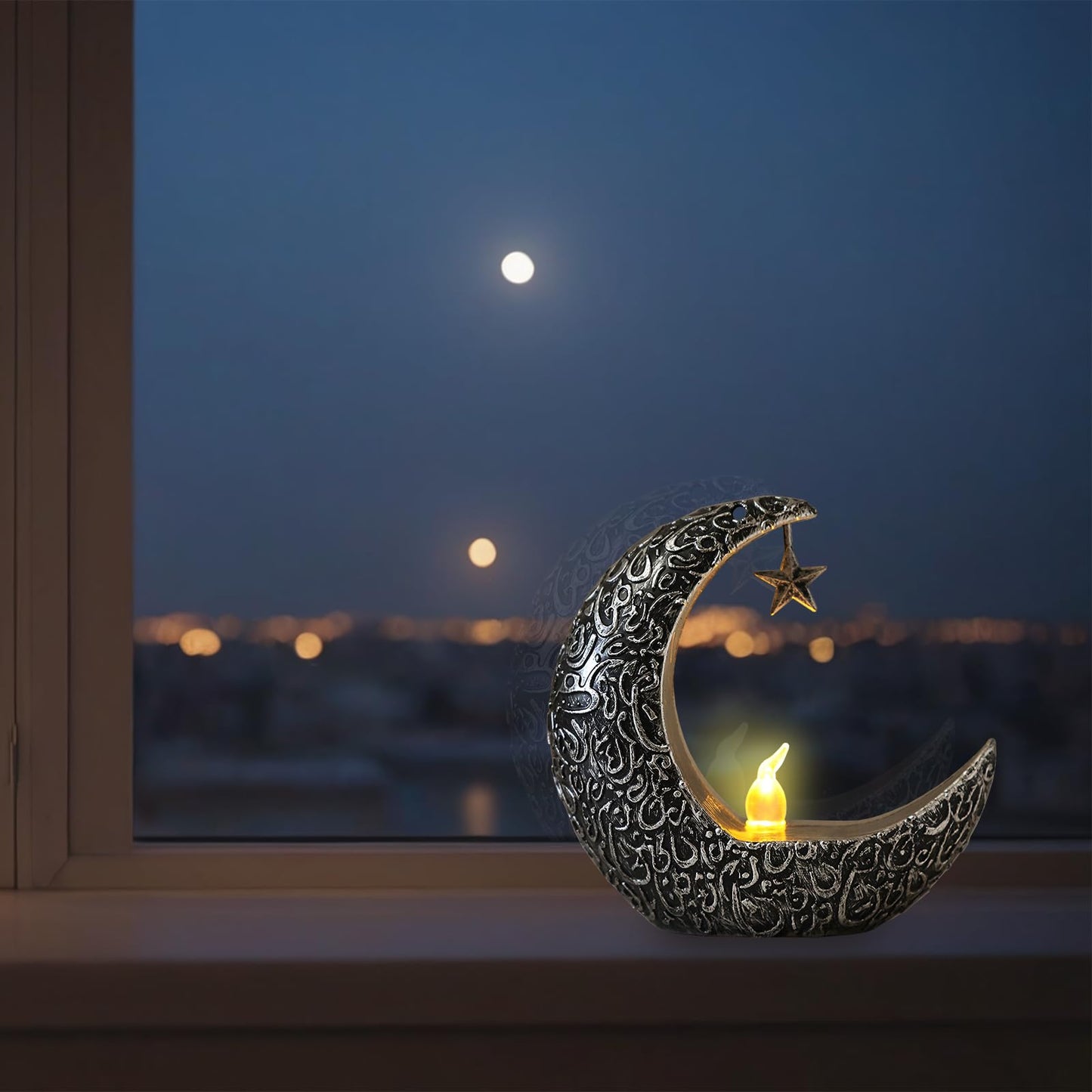 Hying 2 Pieces Ramadan Lanterns Decoration Eid-ul-fitr Table Lamp Eid Mubarak Flameless Candle Lanterns Ramadan Moon Star Lamp for Home Tabletop Decor-Sliver Black