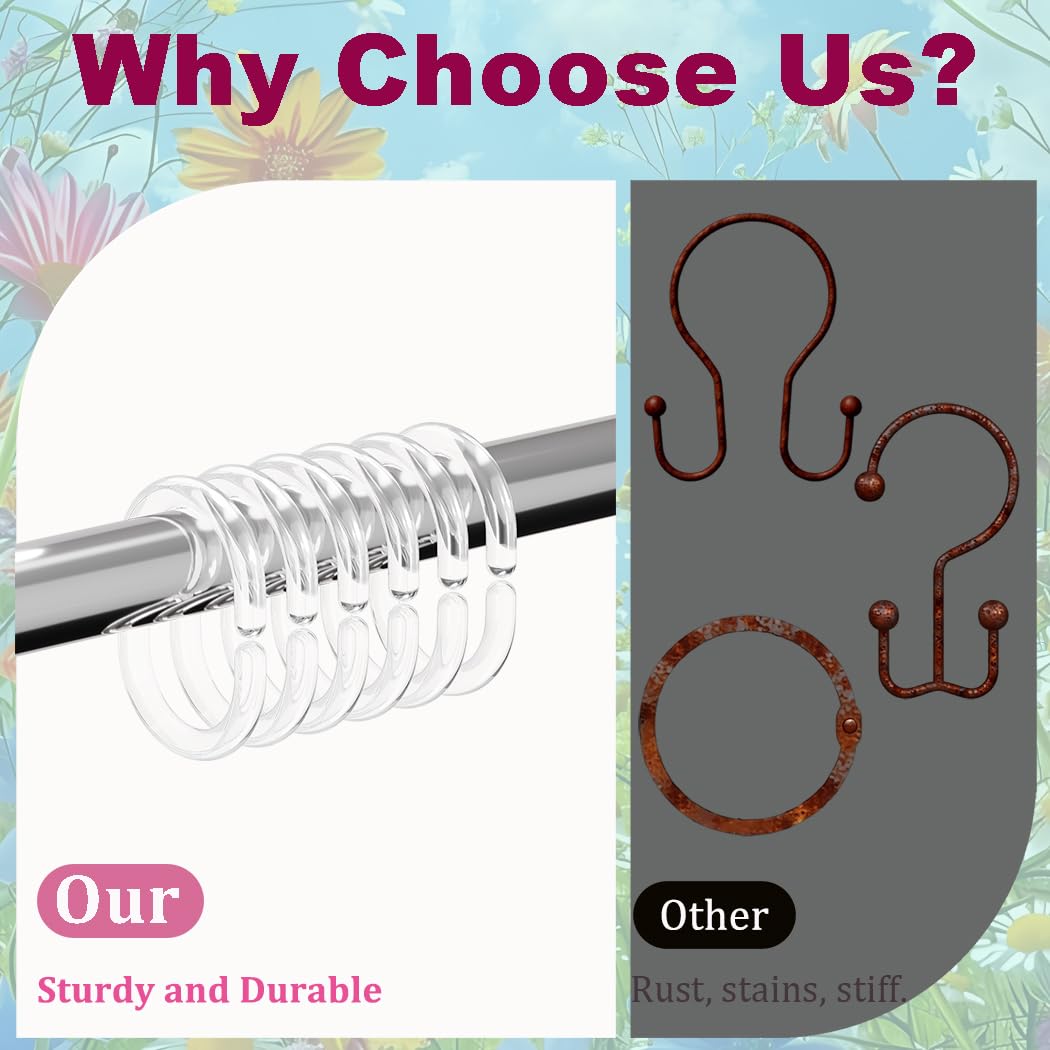 Resze 24 PCS Shower Curtain Rings, Plastic Clear Shower Curtain Hooks, C-Shaped Rings Hook Hanger Bathroom Shower Window Rod