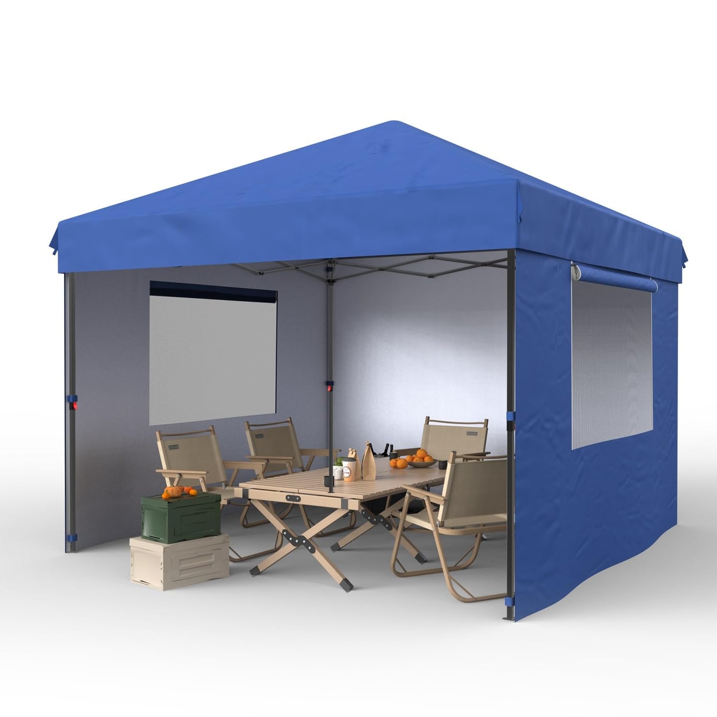 GarveeLife 10x10 Pop Up Canopy with 3 Sidewalls - Easy Up Camping Tent with One Button Push Setup - 1 Roller Bag, 3 Adjustable Height, 4 Weight Bags for Deck, Garden, Sports, Beach, Party - Blue
