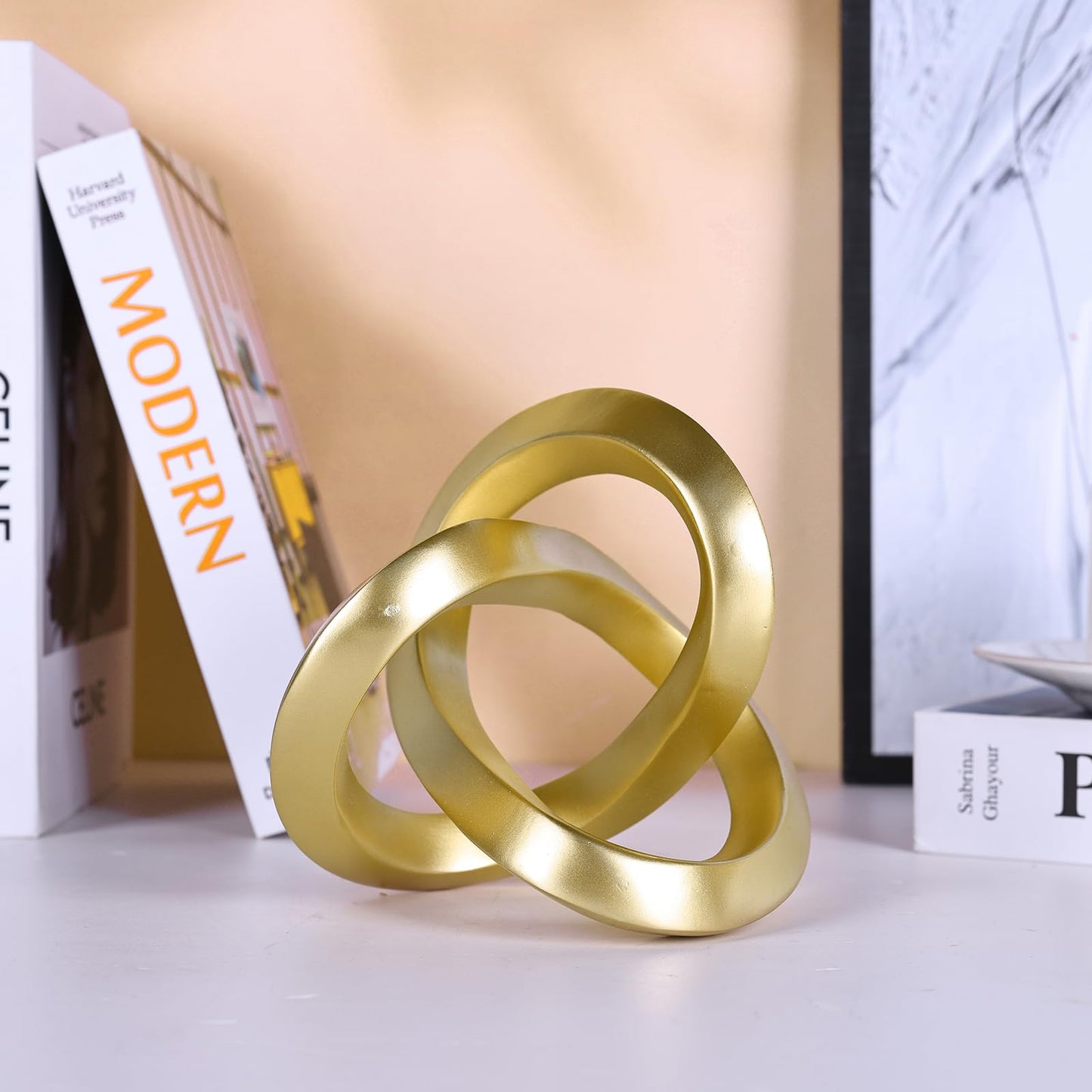 DOVDOV Gold Knot Decorative Sculpture, Gold Room Decor Aesthetics, Mobius Ring Statue for Shelves Living Room tv Cabinet Office Cabinet Above Coffee Table Decor Accents.