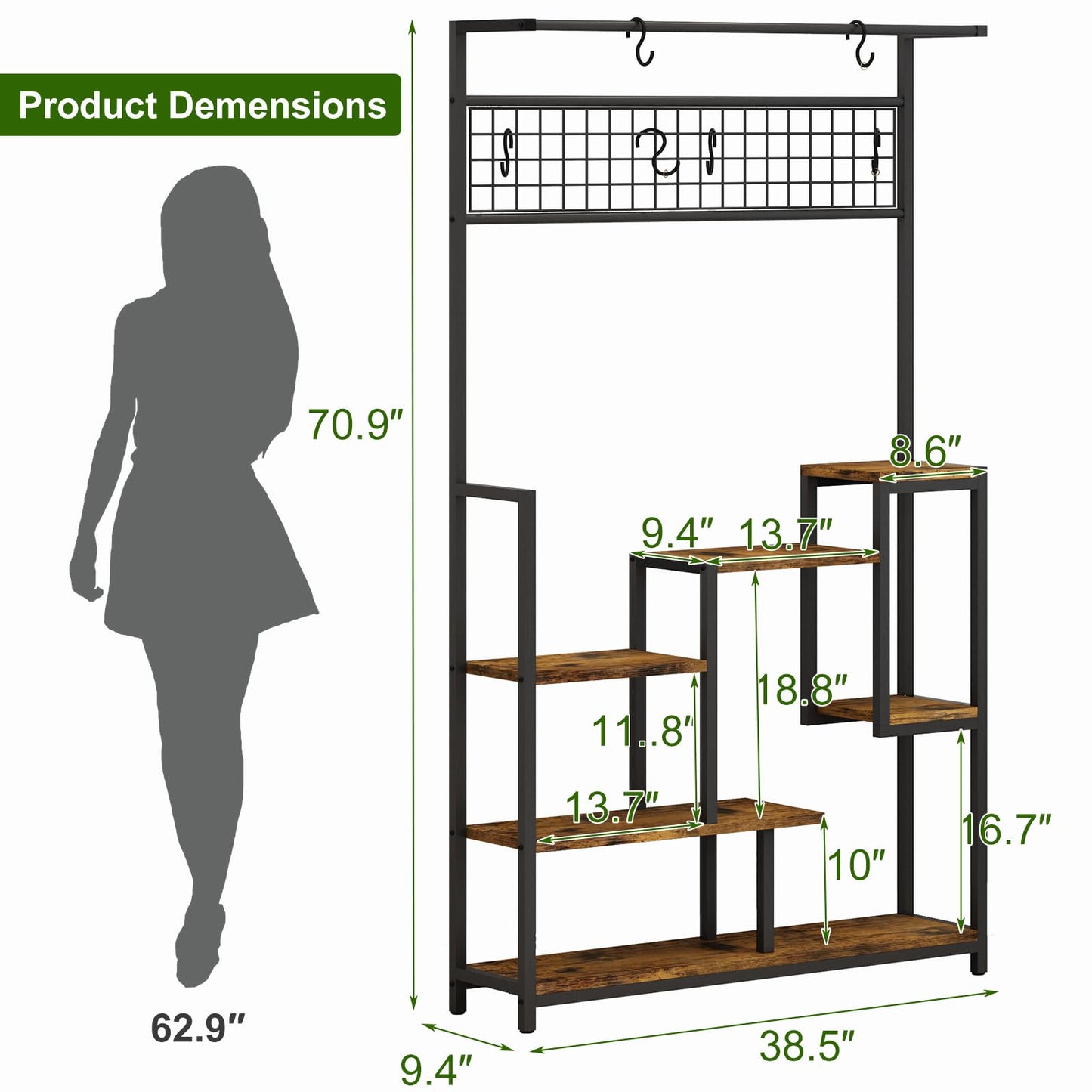 GarveeLife Plant Shelf with Grow Light, Tall Plant Stand Indoor, 7 Tiered Large Metal Shelf with Hanging Hooks, Multi-Purpose Display Rack, Flower Bonsai Pots Organizer for Balcony, Living Room