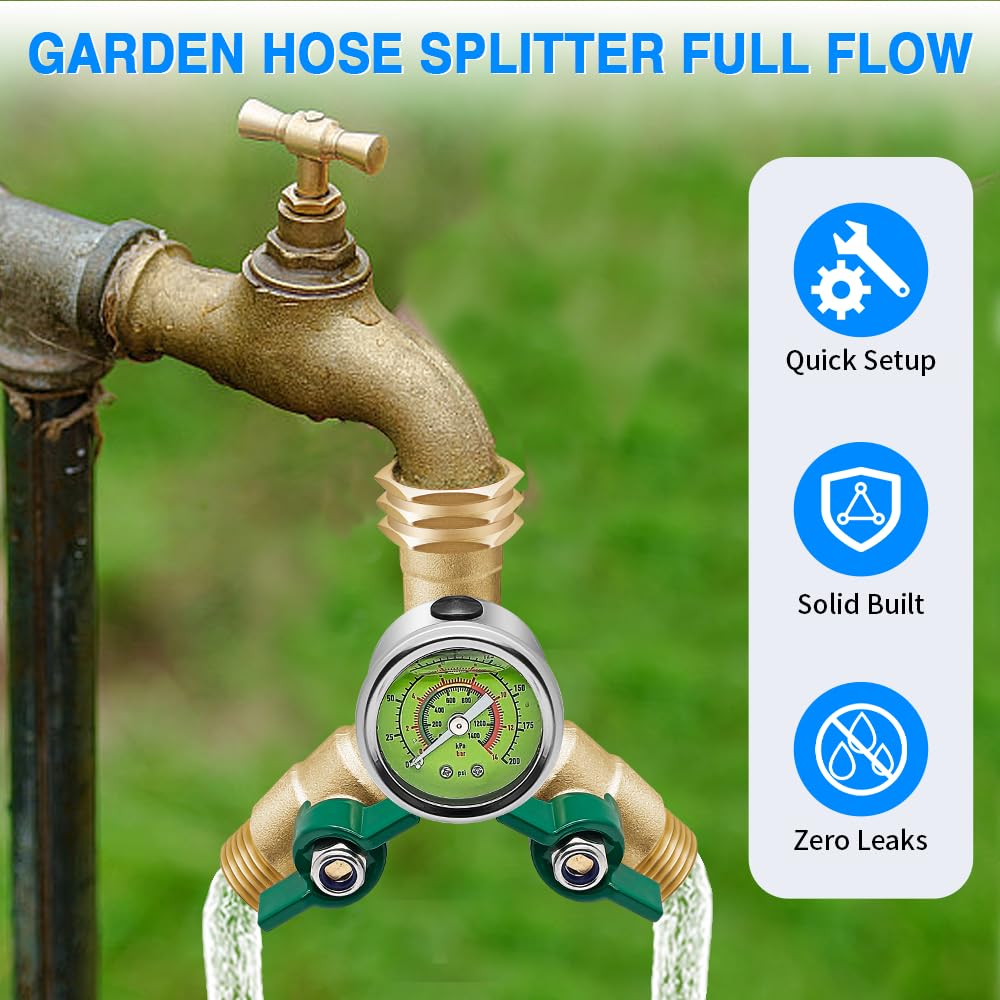 Brass Garden Hose Splitter Full Flow, Hose Splitter 2 Way Heavy Duty, Large Rotate Grip Handles Hose Y Splitter with Shutoff, Garden Hose Splitter with 0-200 PSI Pressure Gauge, 3/4" GHT Threads