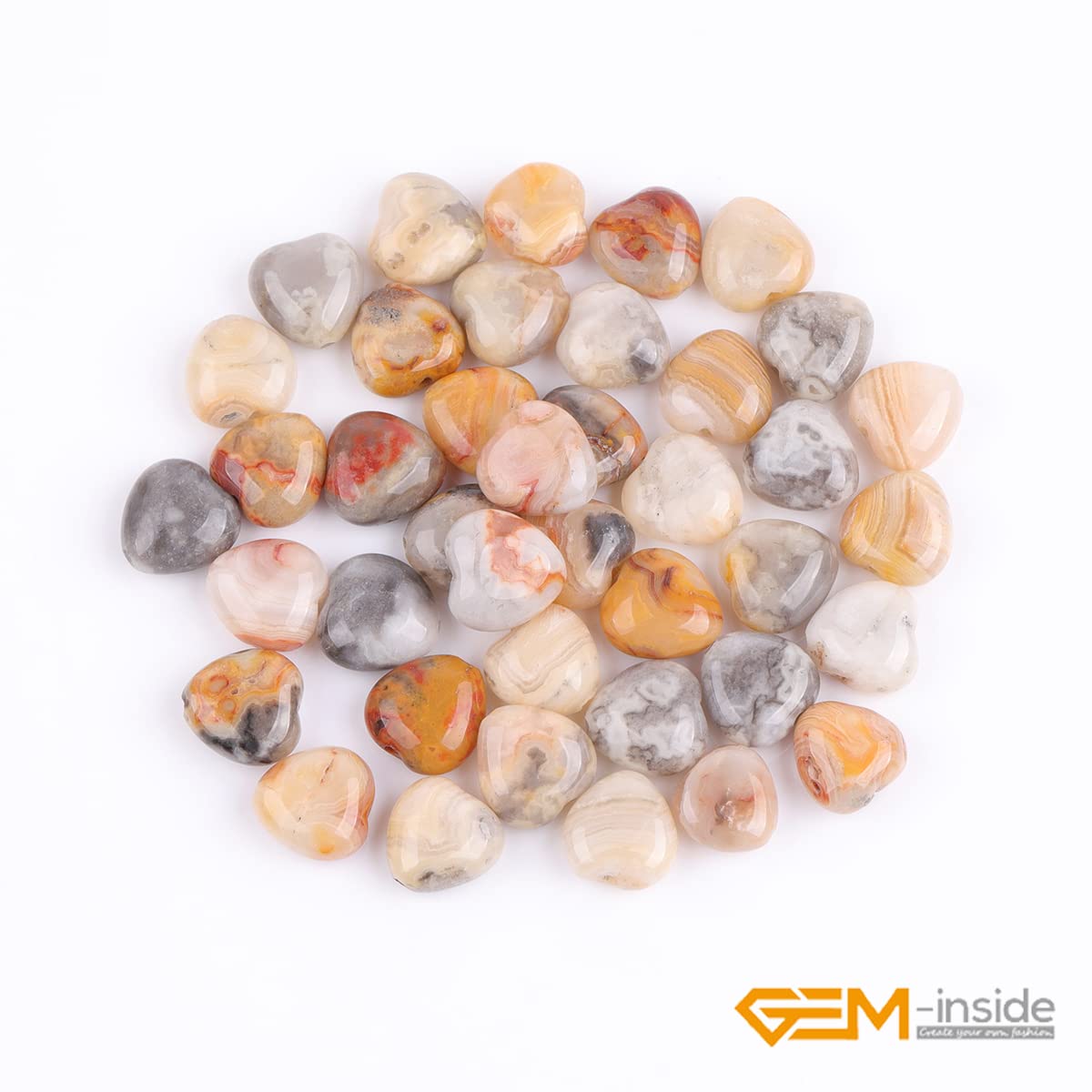 GEM-Inside 10mm Heart Charms Natural Yellow Crazy Lace Agate Gemstone Stone Beads for Jewelry Making Full 15" Strand Power Energy Healing Chakra Stone Beads