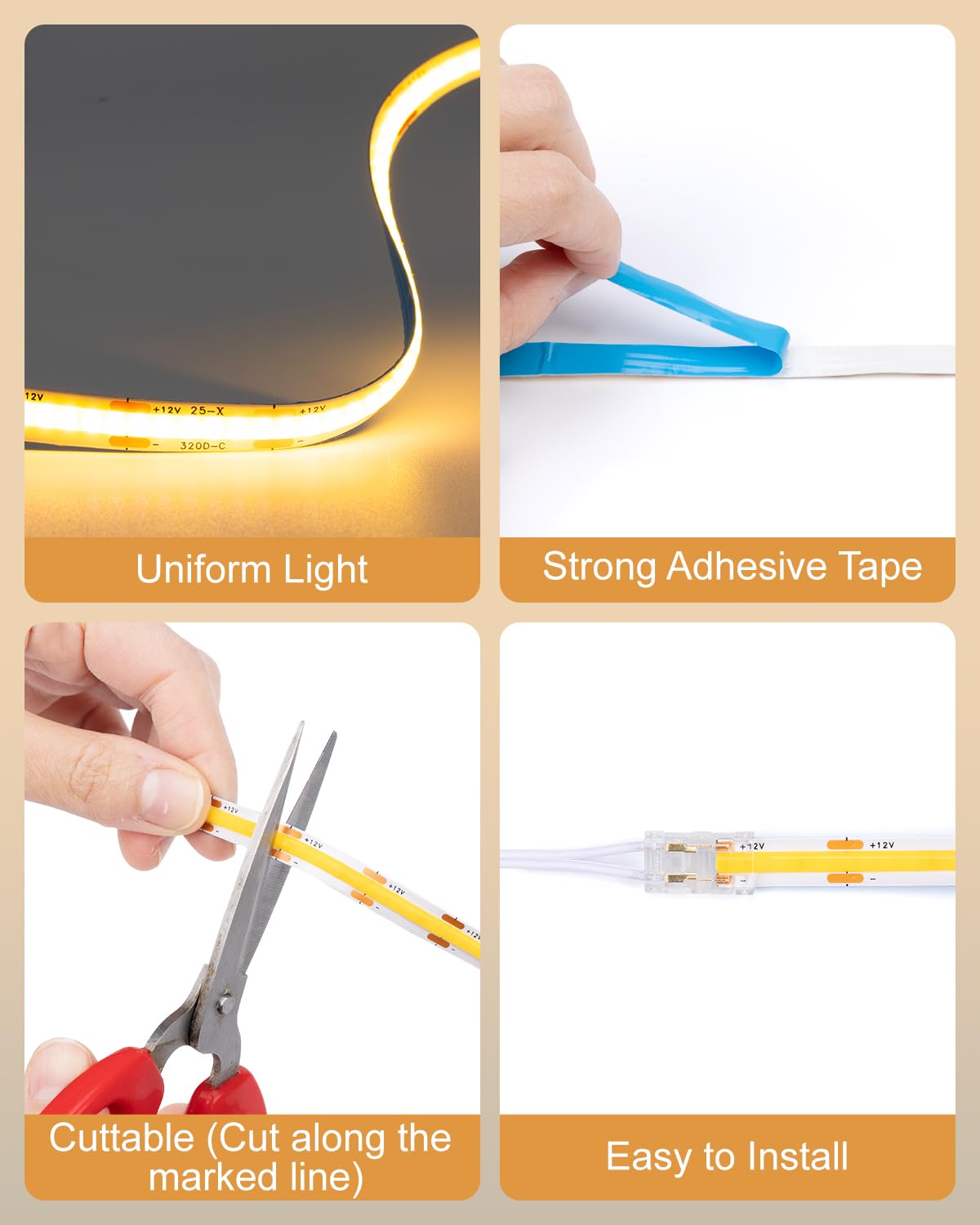 JUSJUBR LED Shelf Lights, 16.4ft Dimmable Cuttable COB LED Strip Lights, Warm White 3000K, Under Shelf Lighting for Bookshelf, Display Cabinet, Closet, Kitchen and Pantry