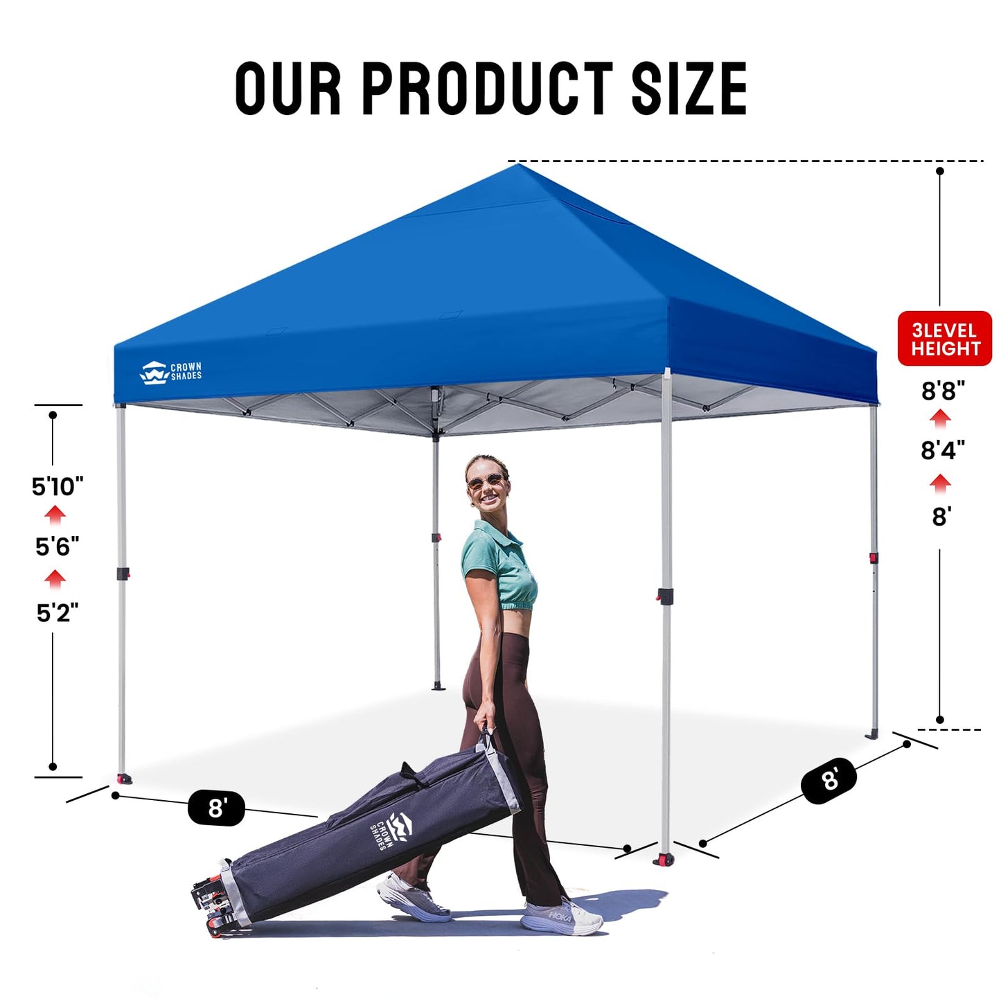 CROWN SHADES 8x8 Pop Up Canopy - Beach Tent with One Push Setup - Easy Outdoor Sun Shade for Events, Parties, Camping - Gazebo with STO-N-Go Cover Bag, Silver Coated Top, Blue