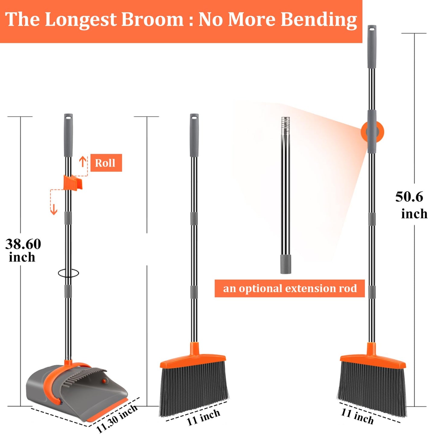 Ivandar Broom and Dustpan Set for Home, Broom and Dustpan Combo for Office, Long Handle Broom with Upright Standing Dust pan,Indoor&Outdoor Sweeping (Gray&Orange)