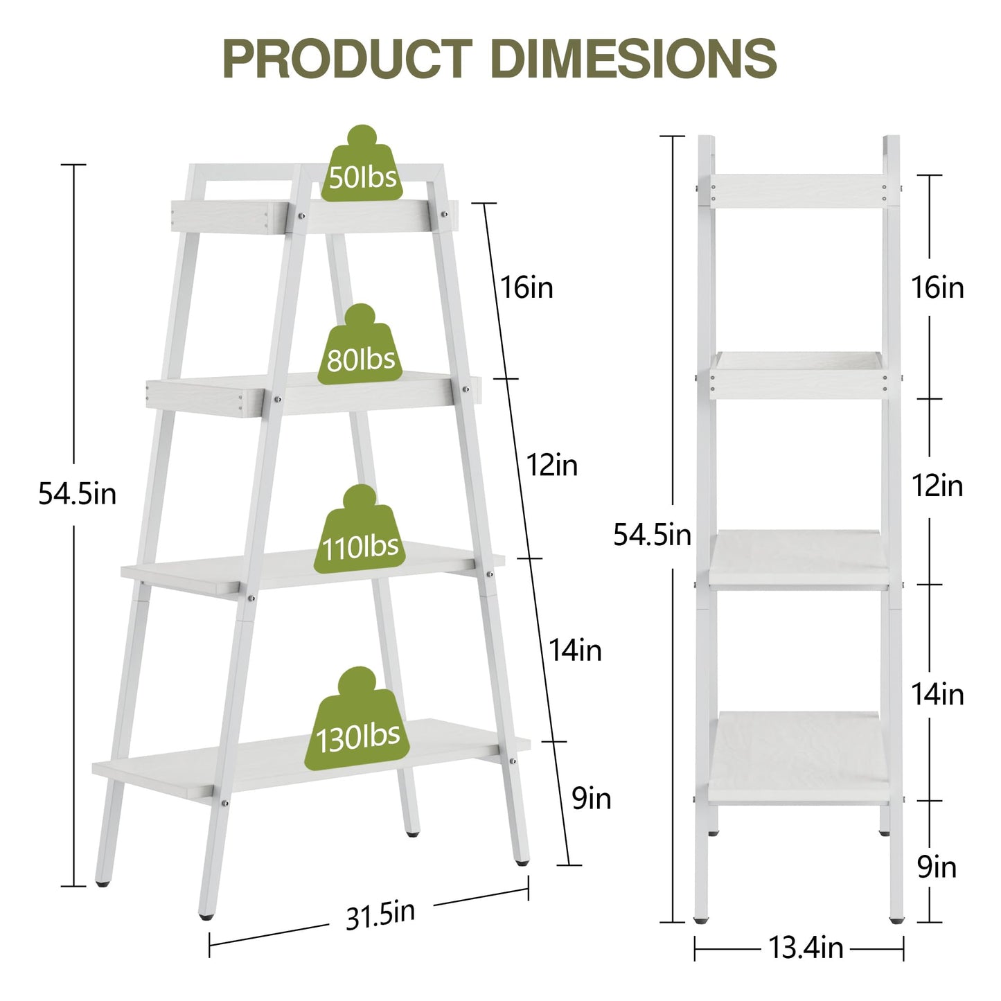 VECELO Ladder Shelf, 4 Tier Wooden Bookshelf with Metal Frame, Freestanding Bookcase Display Shelves and Plant Stand for Living Room/Farmhouse/Bedroom/Home Office-White