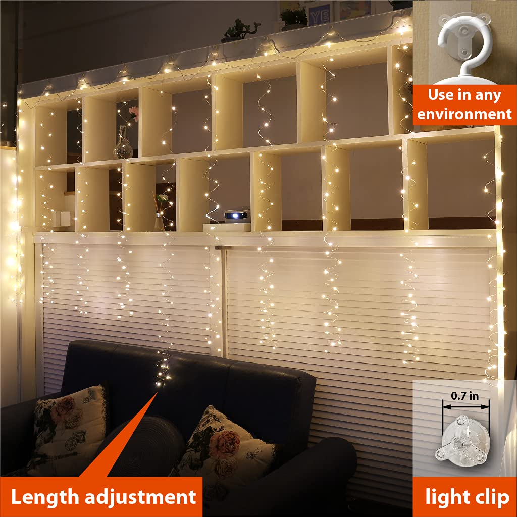 ZSJWL 300 LED Curtain Fairy Lights with Remote, 8 Modes 9.8 × 9.8 Ft Curtain String Light USB Plug in, Twinkle Silver Wire Lights for Bedroom Window Chrismas Wedding Party, Warm White