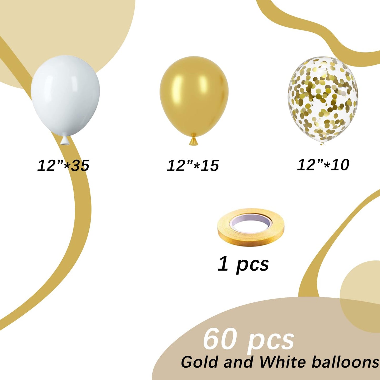 White and Gold Latex Balloons, 60pcs 12 Inches Metallic Gold and White Confetti Balloons with 1 Ribbon for New Year, Birthday, Baby Shower Party Decorations