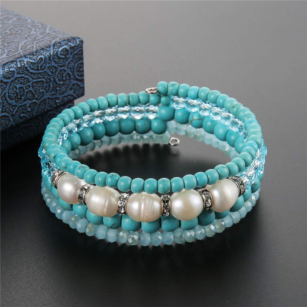 Beaded Freshwater Pearl Chakra Bracelet - Multi Strand Wrap Bracelet with Natural Crystal Agate Beads, Birthday Gifts for Women(29-Turquoise)