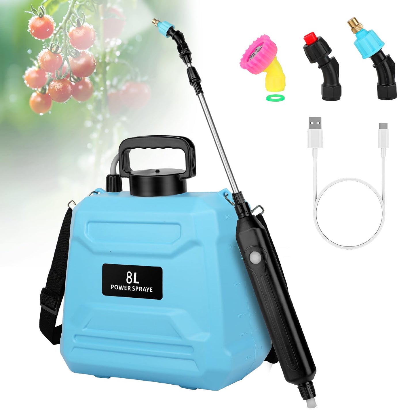 2 Gallon Battery Powered Sprayer, Electric Garden Sprayer, Pump Sprayer with 3 Mist Nozzles & USB Rechargeable Handle & Retractable Wand & Adjustable Strap for Lawn, Garden, Yard(Blue)