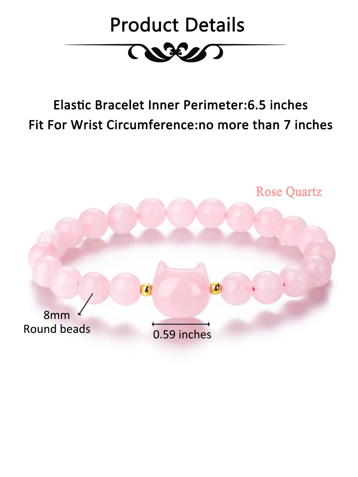 CrystalTears Rose Quartz Crystal Cat Bracelet for Women Men 8mm Healing Crystal Stone Bead Bracelets Protection Gemstones Stretch Bracelet Good Luck Bracelet Jewelry Cat Gifts for Mom Women