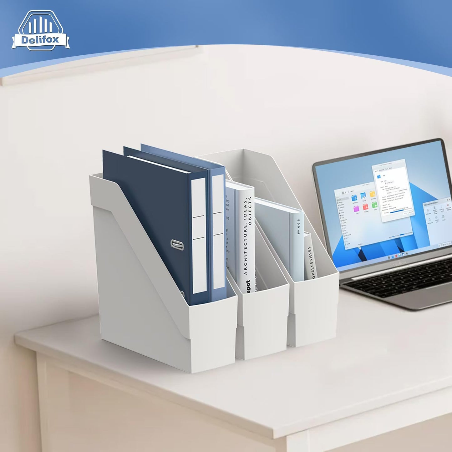 Delifox 3 Pack Magazine Rack, Plastic File Folder Bin Desk Organizer, White