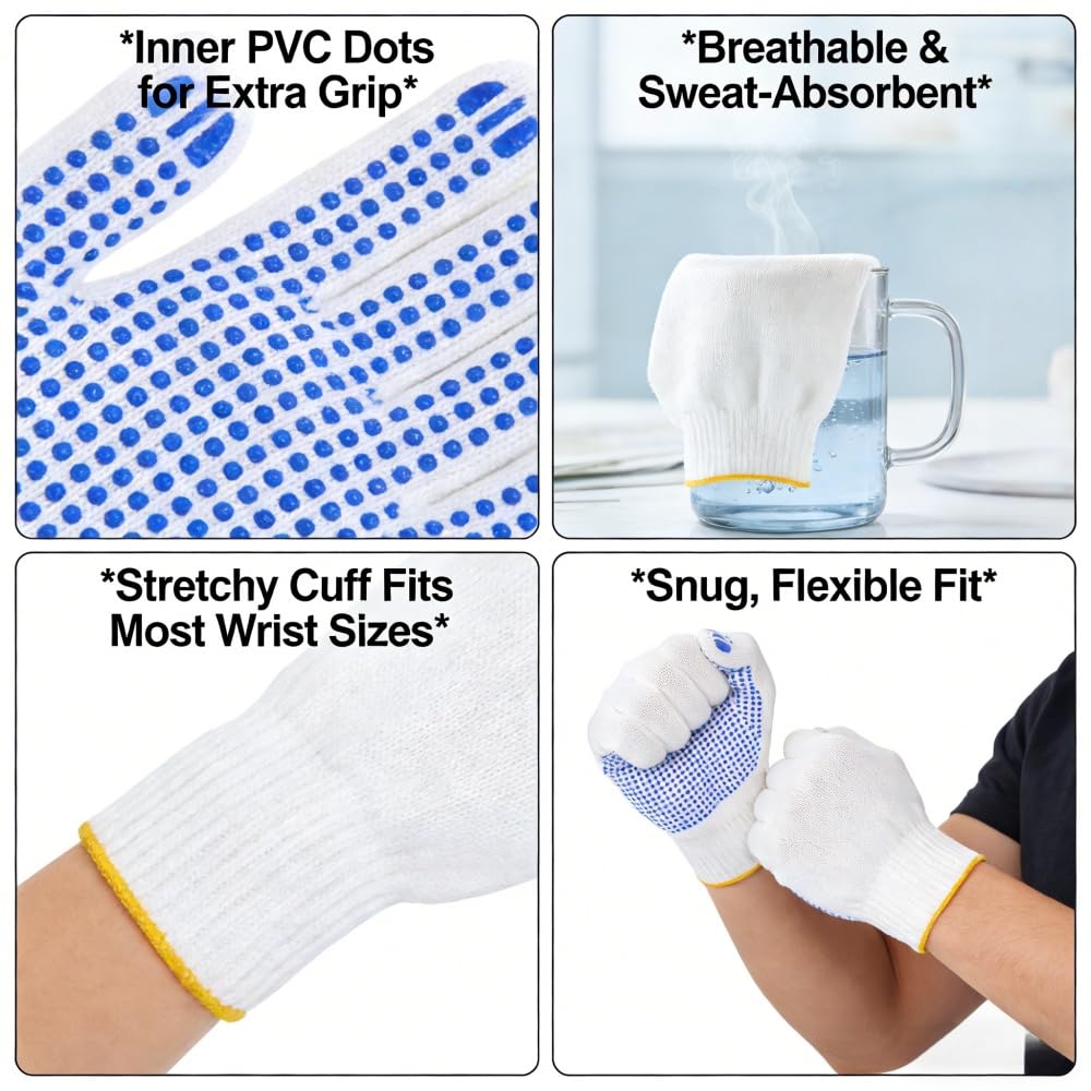 Qugzegx 12 Pairs Cotton Polyester Knitted Gloves, Grip Safety Work Gloves Anti-slip Dots Bulk Gloves For Painter Mechanic Warehouse Construction Men and Women, Medium Size