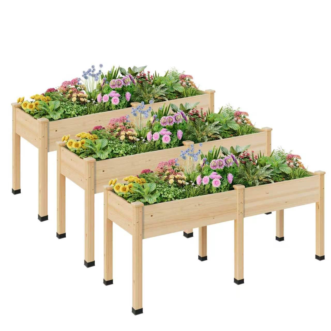 ZIENLIFE Wood Raised Garden Bed, 72x24x30in Elevated Wooden Planter Box with Legs Standing Growing Bed for Backyard, Patio, Balcony with Bed Liner, 200 Pound Capacity 3PCS