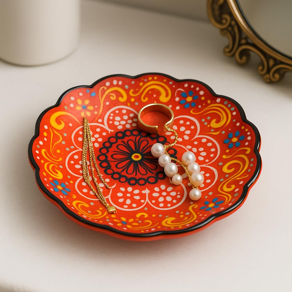 Ayennur 4-Piece 5-Inch Handmade Turkish Ceramic Plate Set – Wall & Table Decor & Jewelry/Ring Dish – Decorative Rings & Jewelry Tray Set