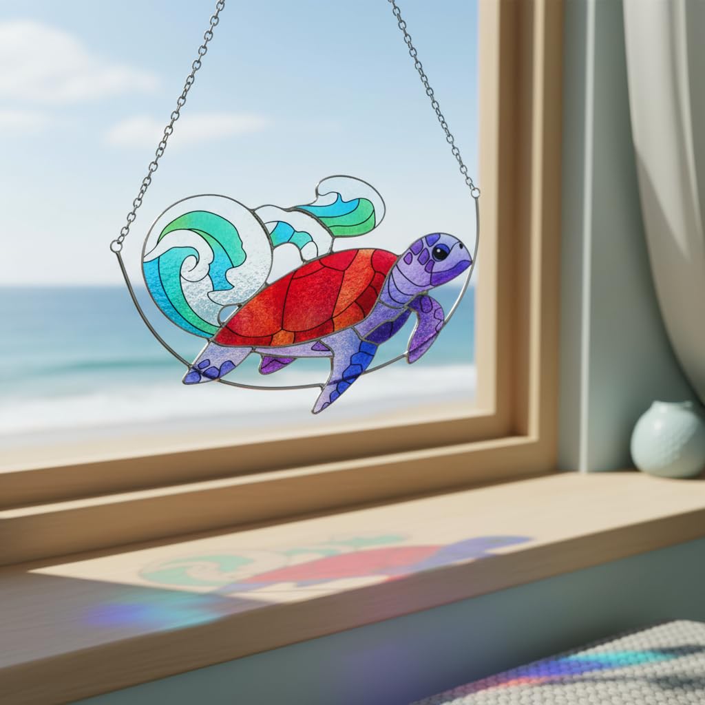 Sea Turtle Stained Glass Window Hanging, Ocean Sea Life Sun Catchers Indoor Panel, Nautical Suncatcher Decor for Home, Wall, Garden, Coastal Ornament Gift for Women, Beach Lovers