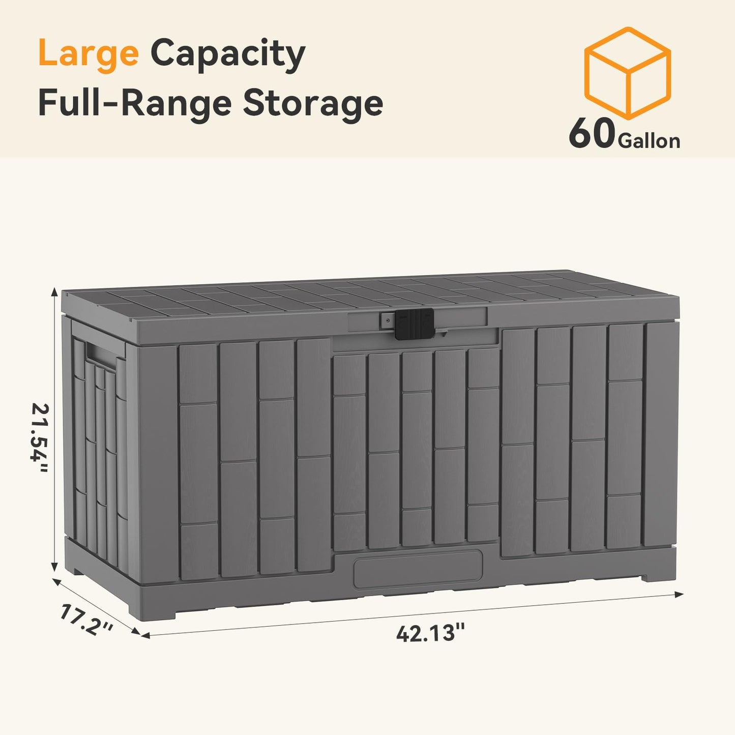 DUMOS 60 Gallon Deck Box, UV Resistant Waterproof Storage Bin for Patio Cushions Gardening Tools, Lockable Resin Outdoor Storage Box with Hundles, Grey