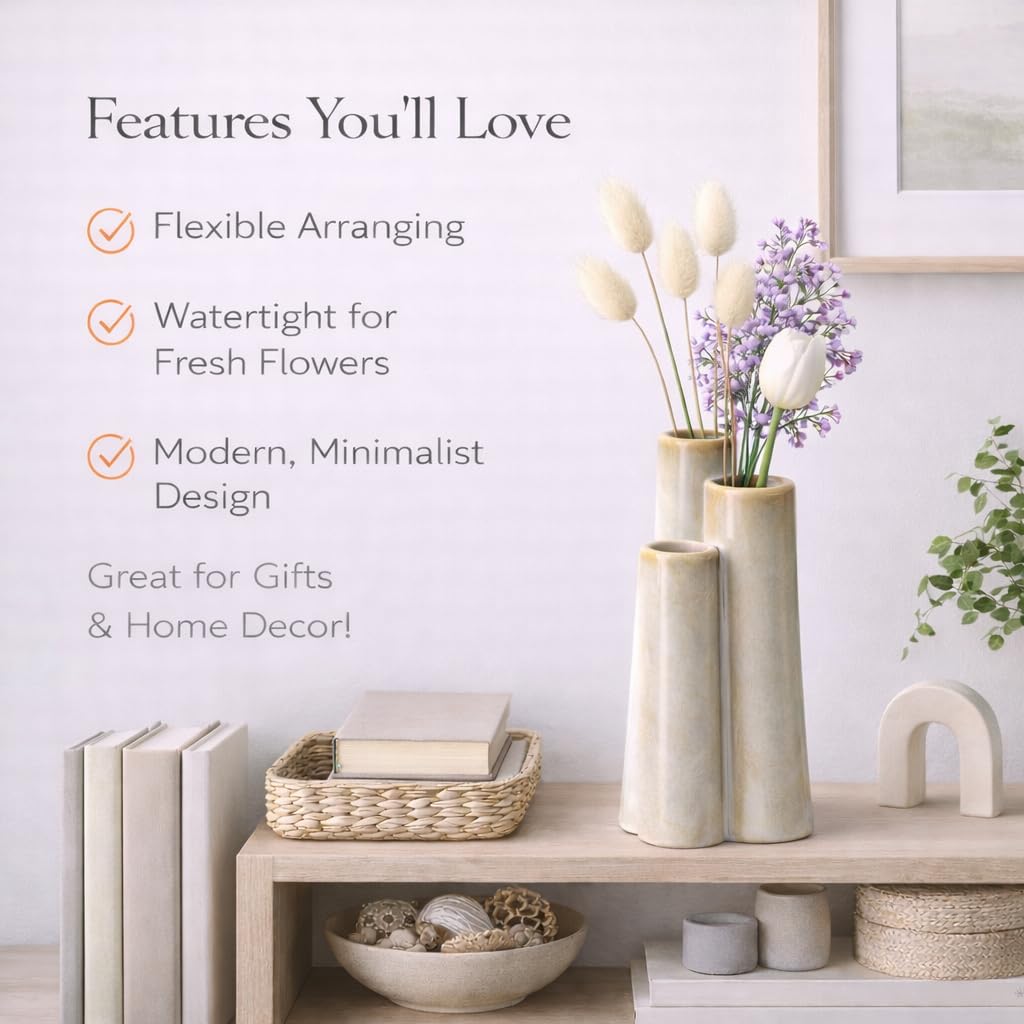 SincereLuxe Ceramic Bud Vase, Sculptural Triple Tube Vase in Cream White for Modern Farmhouse & Minimalist Shelf Decor