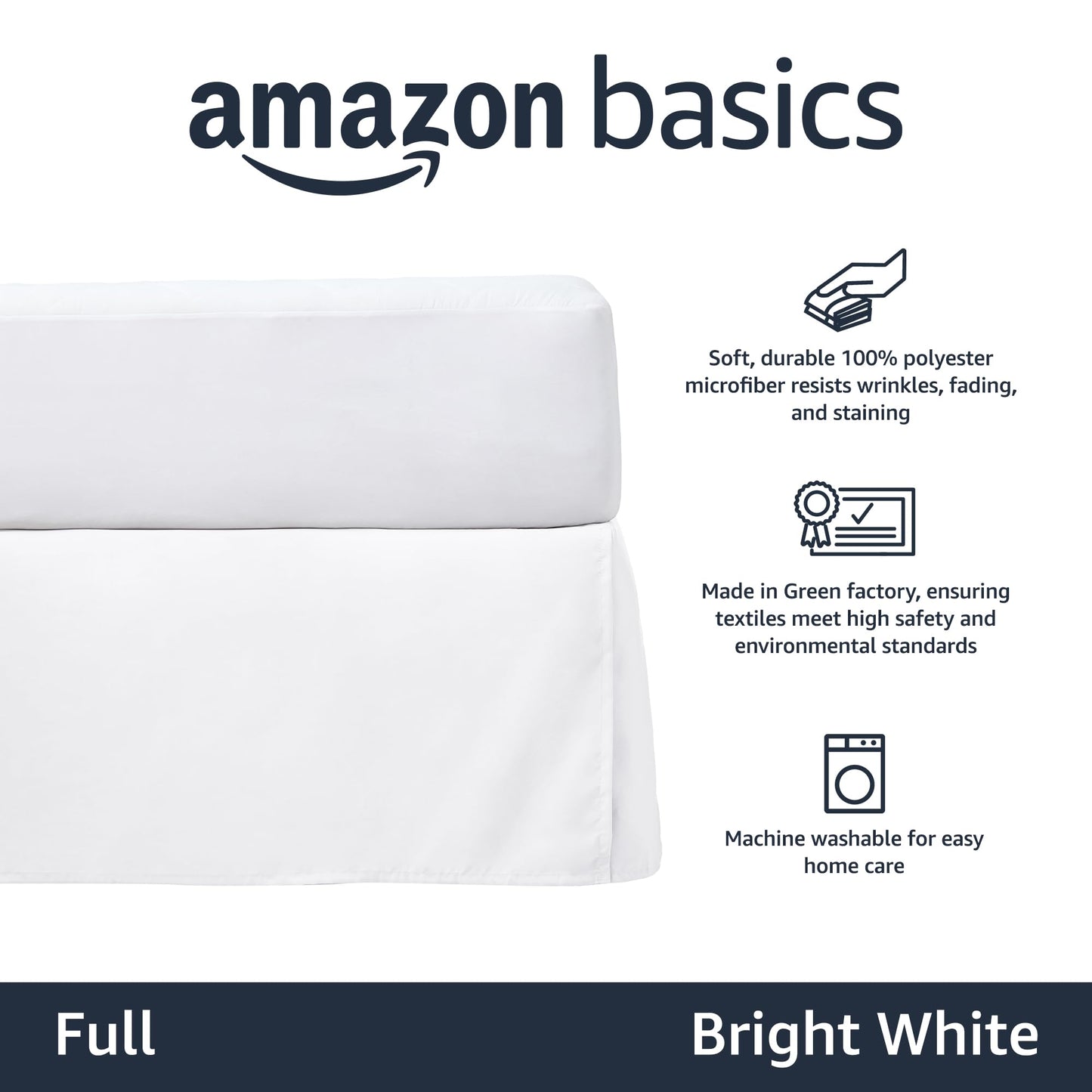 Amazon Basics Lightweight Pleated Bed Skirt, Full, Bright White, Solid