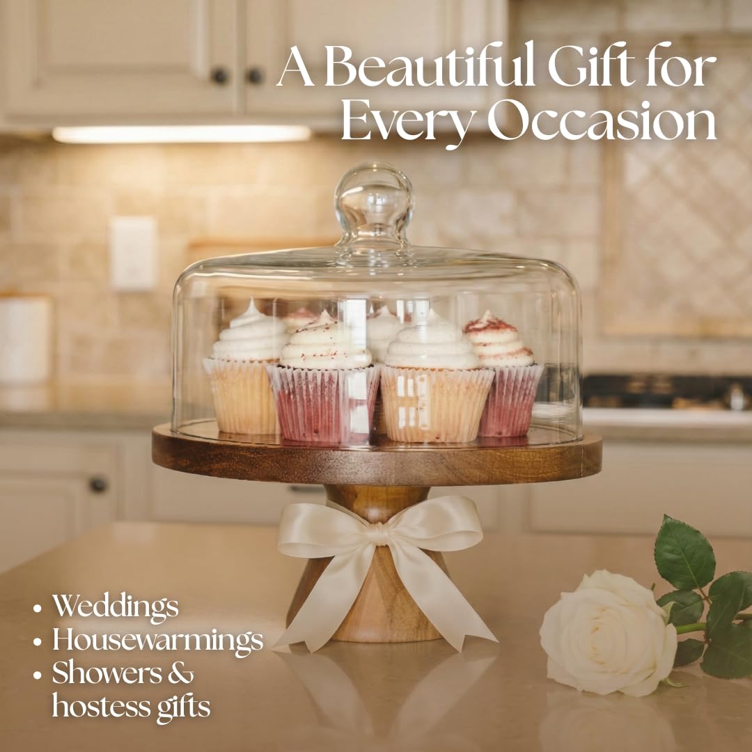 Stellarie Acacia Wood Cake Stand with Glass Dome Lid, Reversible Cake Stand and Serving Board Designed for Everyday Use, Desserts, Charcuterie, and Gifting