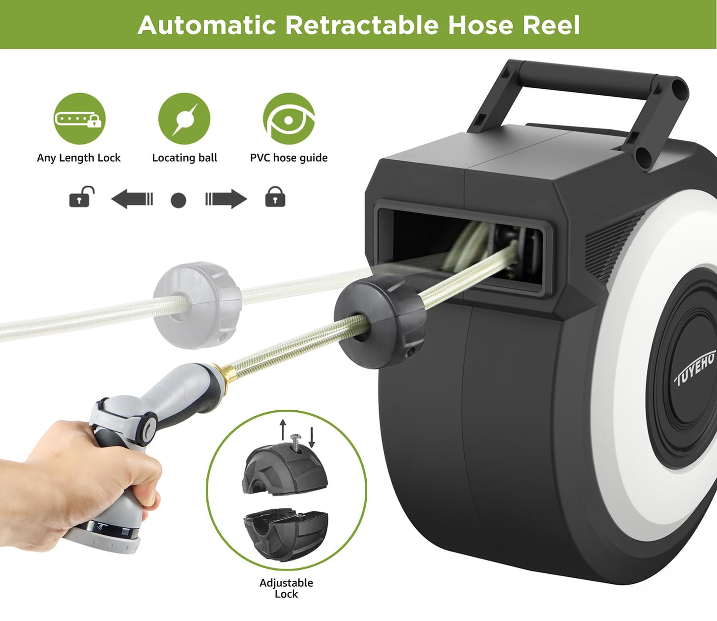 Tuyeho Retractable Garden Hose Reel 130 FT, Wall Mount Heavy Duty Water Hose Reels with Automatic Slow Rewind System, Outdoor Hoses Reel with 2 Hose Nozzles for Garden Watering, Car Wash, Pet Shower