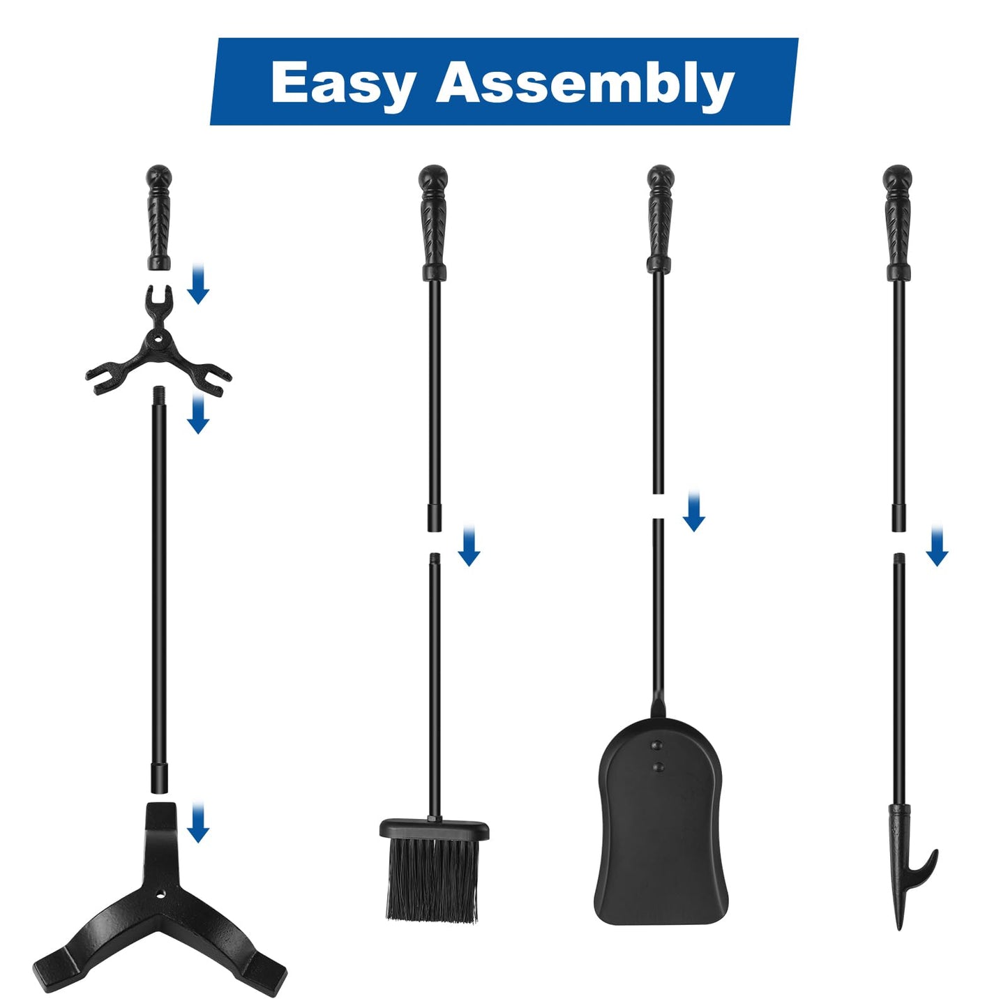 MAT 7-BANQUET Fireplace Tool Sets with Stand Cast Iron Fire Tools Fireplace Accessories Wood Burning with Poker Shovel Brush Wood Stove Tools Black
