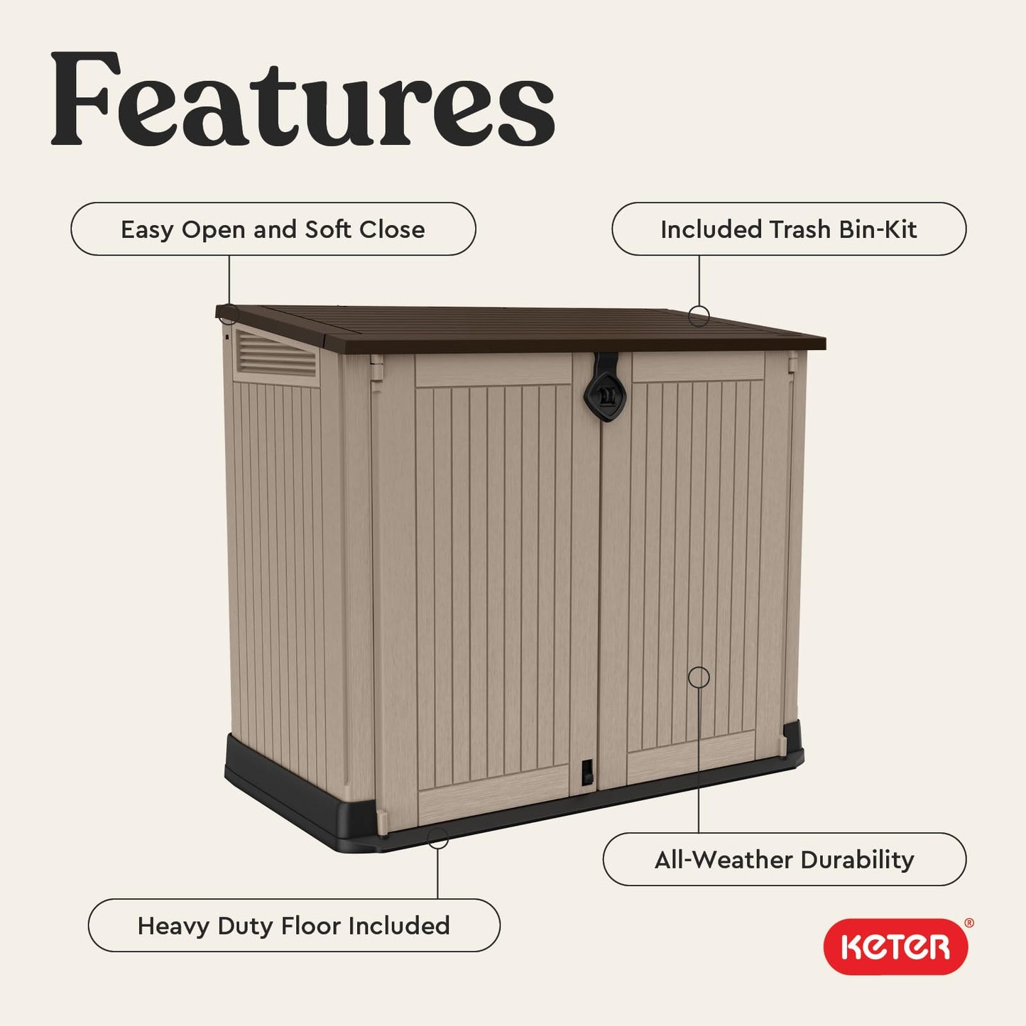 Keter Store-It-Out MIDI Outdoor Resin Storage Shed – Weather-Resistant Horizontal Cabinet for Trash Cans, Garden Tools & Patio Accessories – Lockable, Easy-Lift Lid, 30 Cu. Ft. Capacity, Beige