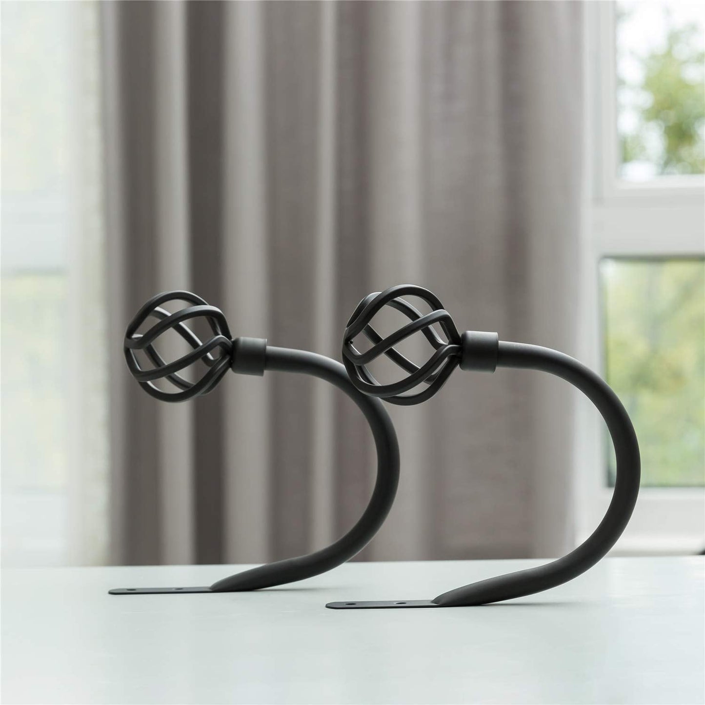 HIKMLK Geometric Industrial Curtain Holdbacks 2pcs, Solid Cast Iron Heavy Duty Curtain Tiebacks for Wall, Side Holder Pull Back Hooks for Drapes Tie Back Home Window Decor (Matt Black)