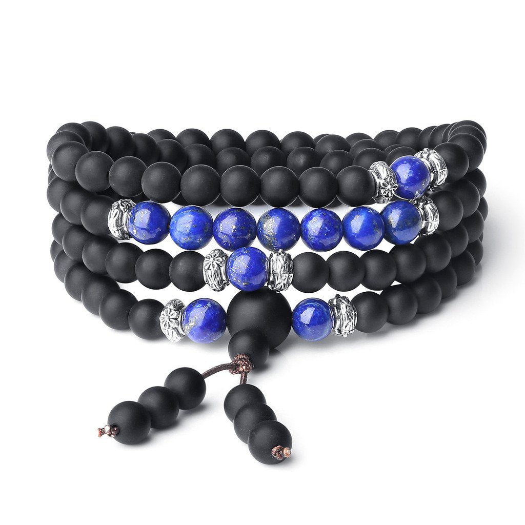 AmorWing Chakra Stones Matte Onyx Lapis Lazuli 108 Mala Beads Wrap Bracelet Necklace