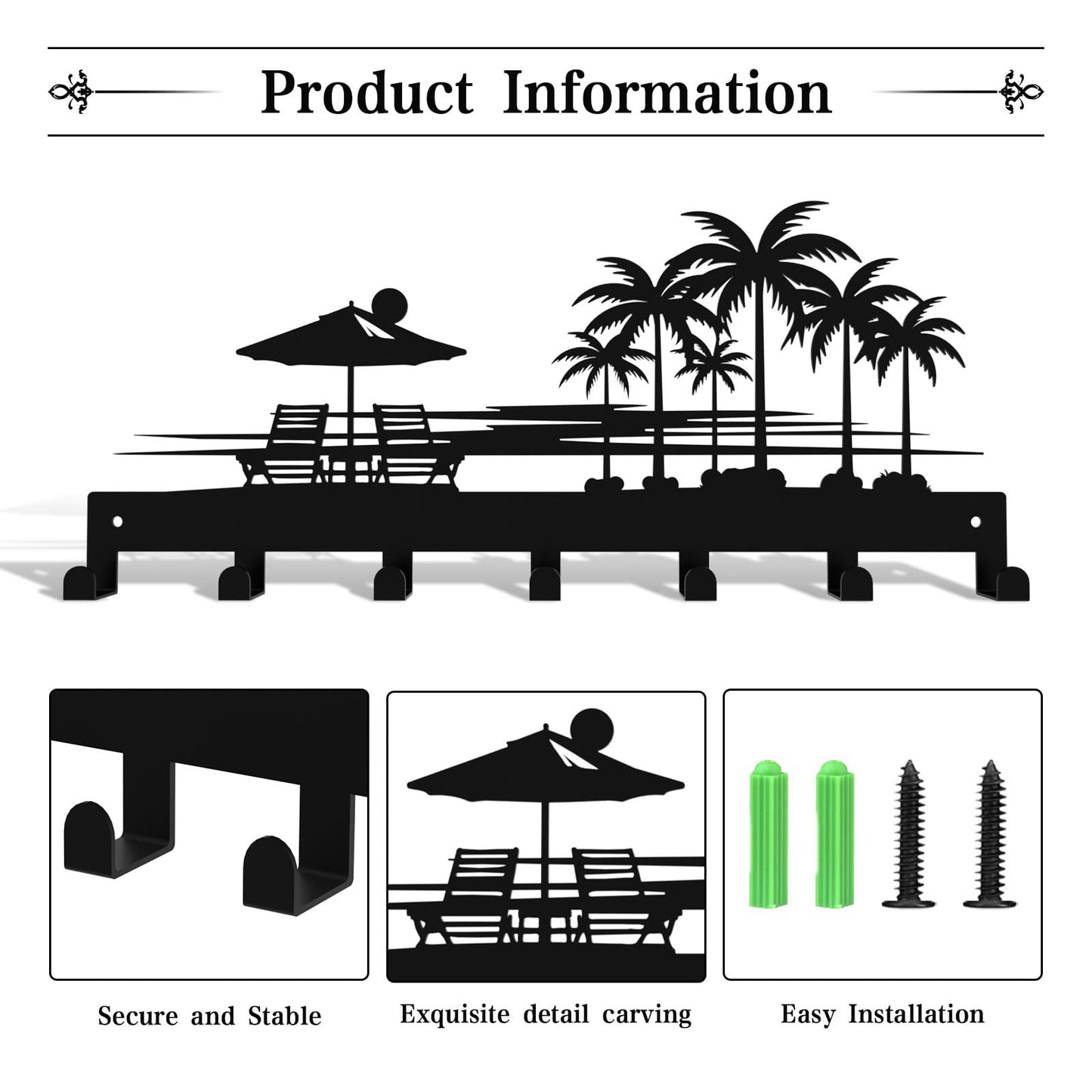 useNumber Tropical Style Key Holder Wall Mount with 7 Hooks, Key Hanger Organizer for Front Door, Hallway, Entryway & Office Decor, Featuring Sunset and Coconut Tree Design