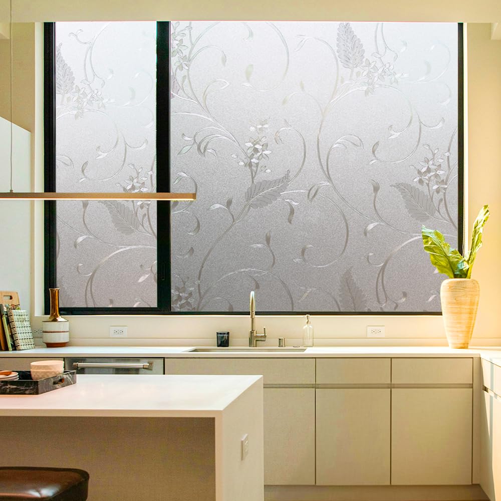 Static Cling Non-Adhesive Frosted Glass Window Film for Decorative Decals and Privacy Covering on Shower Doors and Bathroom Doors (Vine, 17.7'' x78.7'')