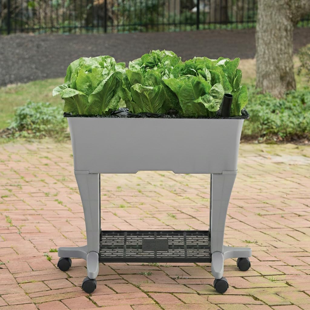 EarthBox Raised Garden Bed with Legs – Elevated Self Watering Planter Box with Wheels, Storage Shelf, Premium Plant Food, Easy Assembly, Made in USA, Gray