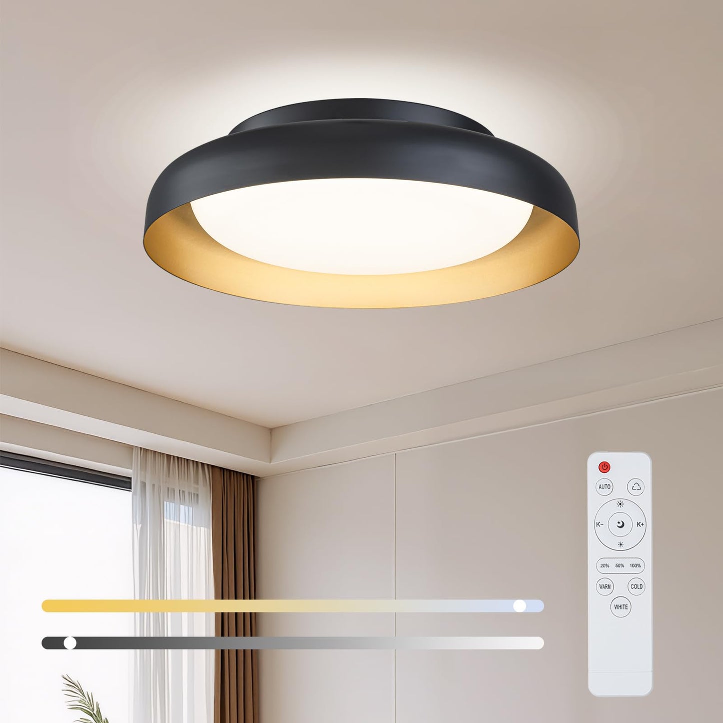 Ken & Ricky Flush Mount Ceiling Light Fixture, Led Dimmable 24w for Bedroom Kitchen Bathroom Laundry Hallway Entryway,Remote Control (Black and Gold,12Inch,1PK)