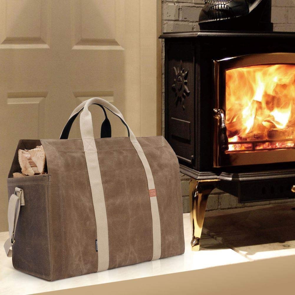INNO STAGE Free-Standing Firewood Log Carrier Bag - 22 oz Thickened Waxed Canvas Fire Wood Holder Tote with Adjustable Shoulder Strap and Soft Handles for Camping or BBQ Barbecue Dark Khaki