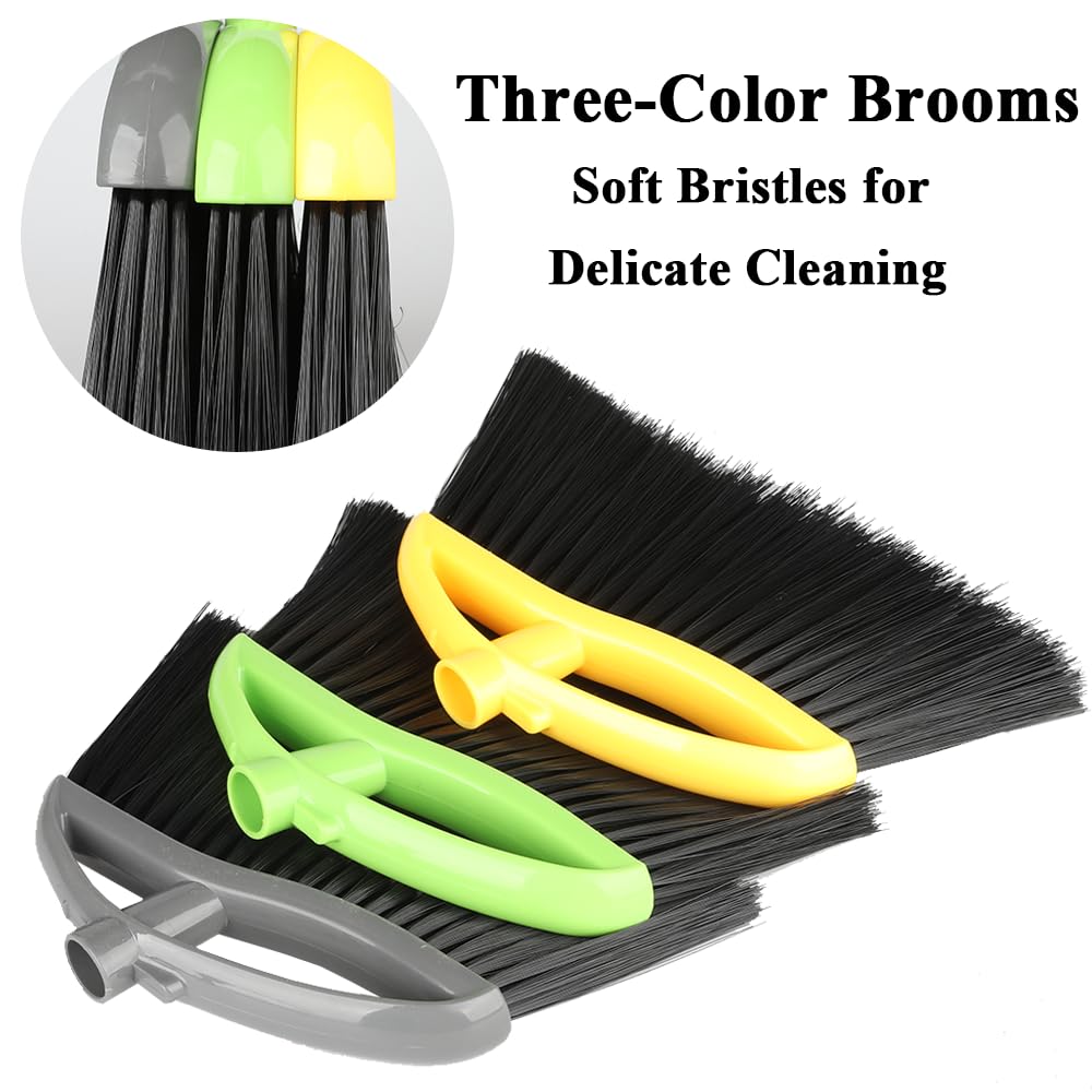 Chanhoo 3 Pack Soft Bristle Angle Broom for Floors - Wide Indoor Heavy Duty Broom with 38"-53.5" Adjustable Handle, Kitchen & Restaurant Use for Hardwood, Porch (Gray, Yellow, Green)