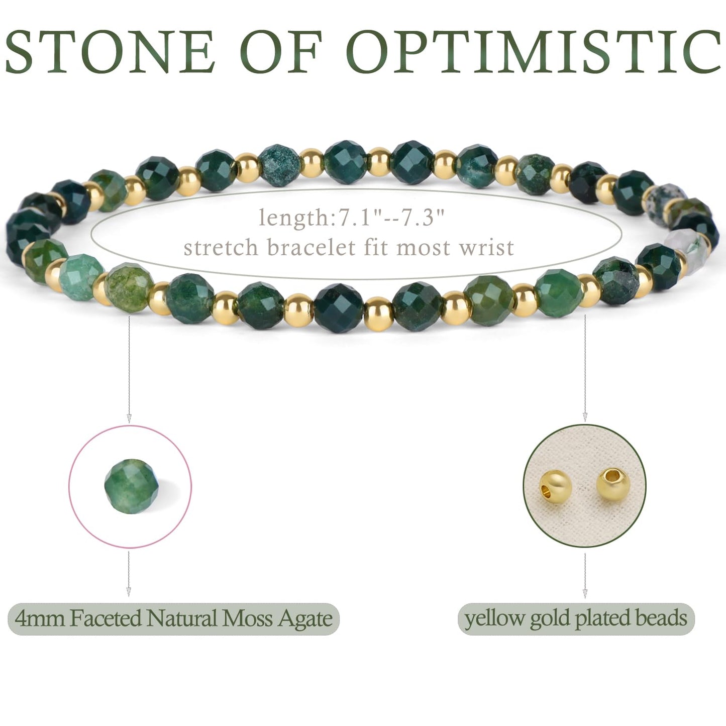 QOGIR Moss Agate - Stone of Optimistic - 14K Gold Plated Beads Natural Gemstone Stretch Elastic Dainty Healing Beaded Bracelets Gifts 4mm
